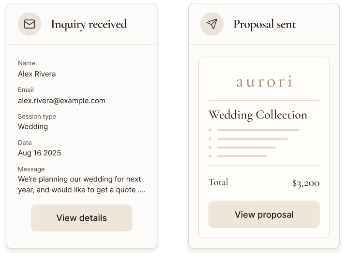 Aurori inquiry form and branded proposal steps in the booking workflow.