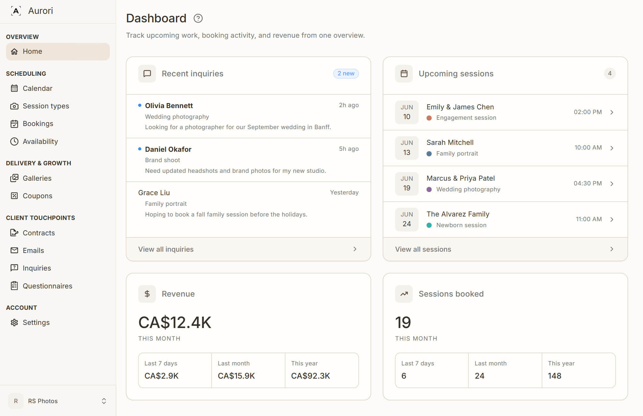 Aurori studio dashboard showing upcoming sessions, invoice summary, recent inquiries, and an active client project spotlight.