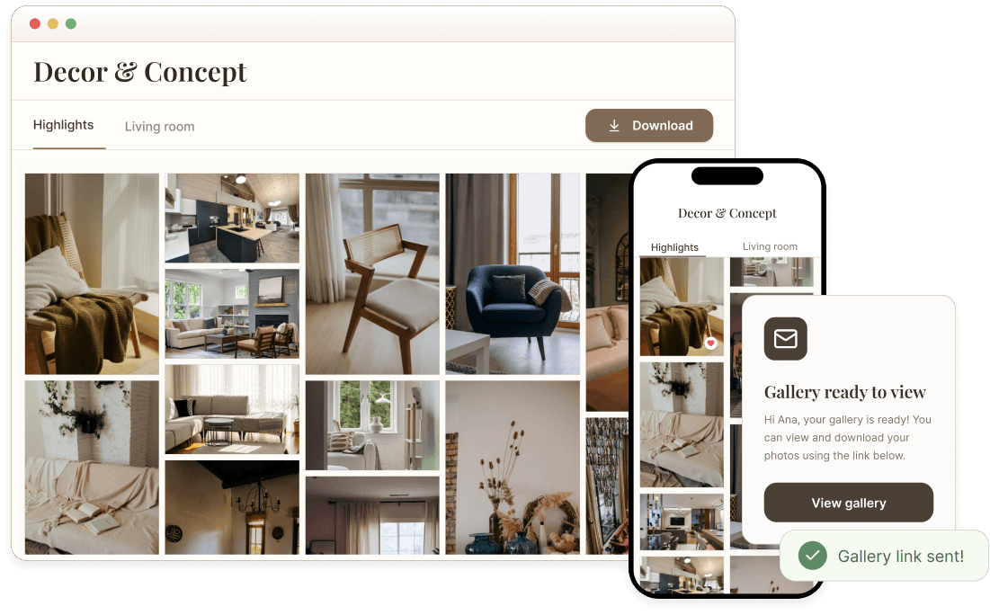 Aurori client gallery on desktop and mobile with a gallery-ready email notification and delivery confirmation.