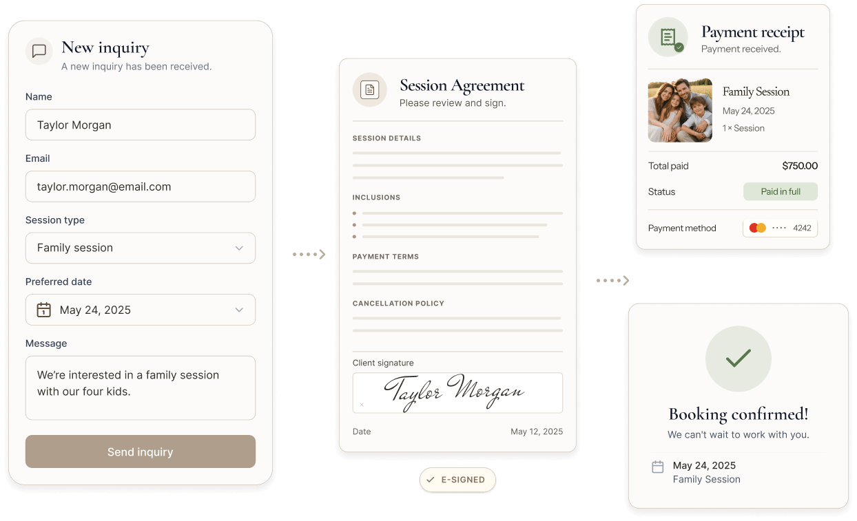 A product workflow showing a new inquiry, session agreement, payment receipt, and booking confirmation in Aurori.