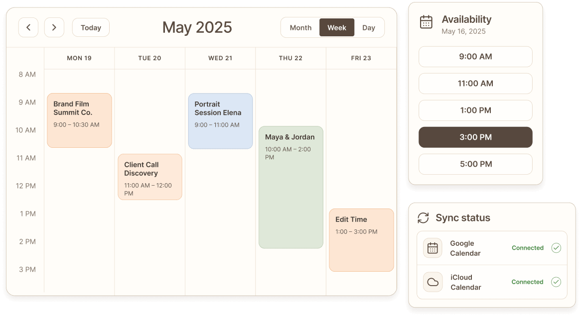 Aurori weekly calendar with availability slots and Google Calendar and iCloud sync status connected.