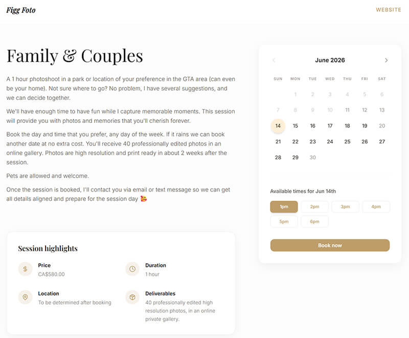Aurori branded booking page on mobile showing session details and a book button.